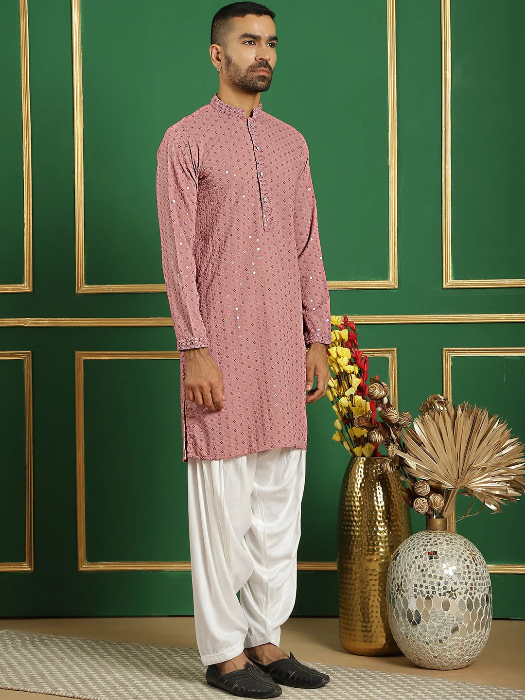 Purple Embroidered Mens Kurta Pajama Set | Cotton Kurta Pajama