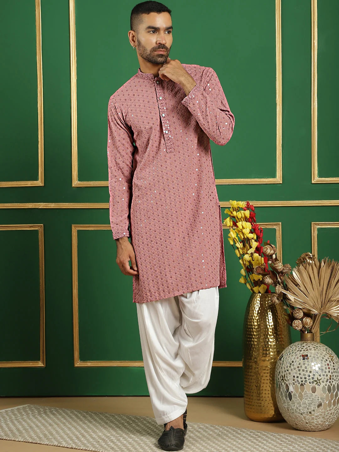 Purple Embroidered Mens Kurta Pajama Set | Cotton Kurta Pajama