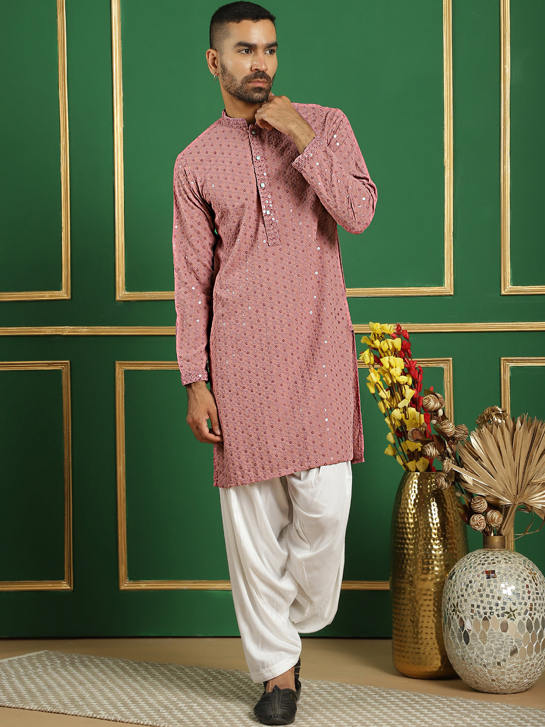Purple Embroidered Mens Kurta Pajama Set | Cotton Kurta Pajama