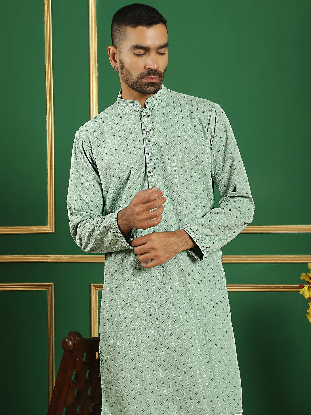 Pista Green Embroidered Mens Kurta Pajama Set | Cotton Kurta