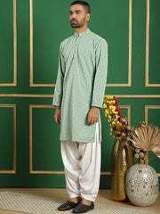 Men Pista Green Embroidered and Sequence Kurta with Salwar-JOKP-S-P