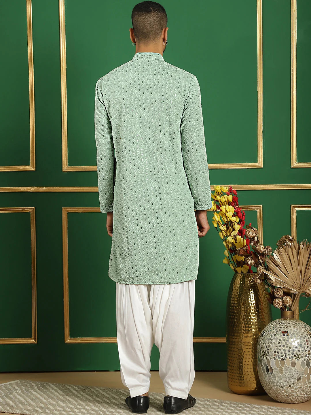 Pista Green Embroidered Mens Kurta Pajama Set | Cotton Kurta
