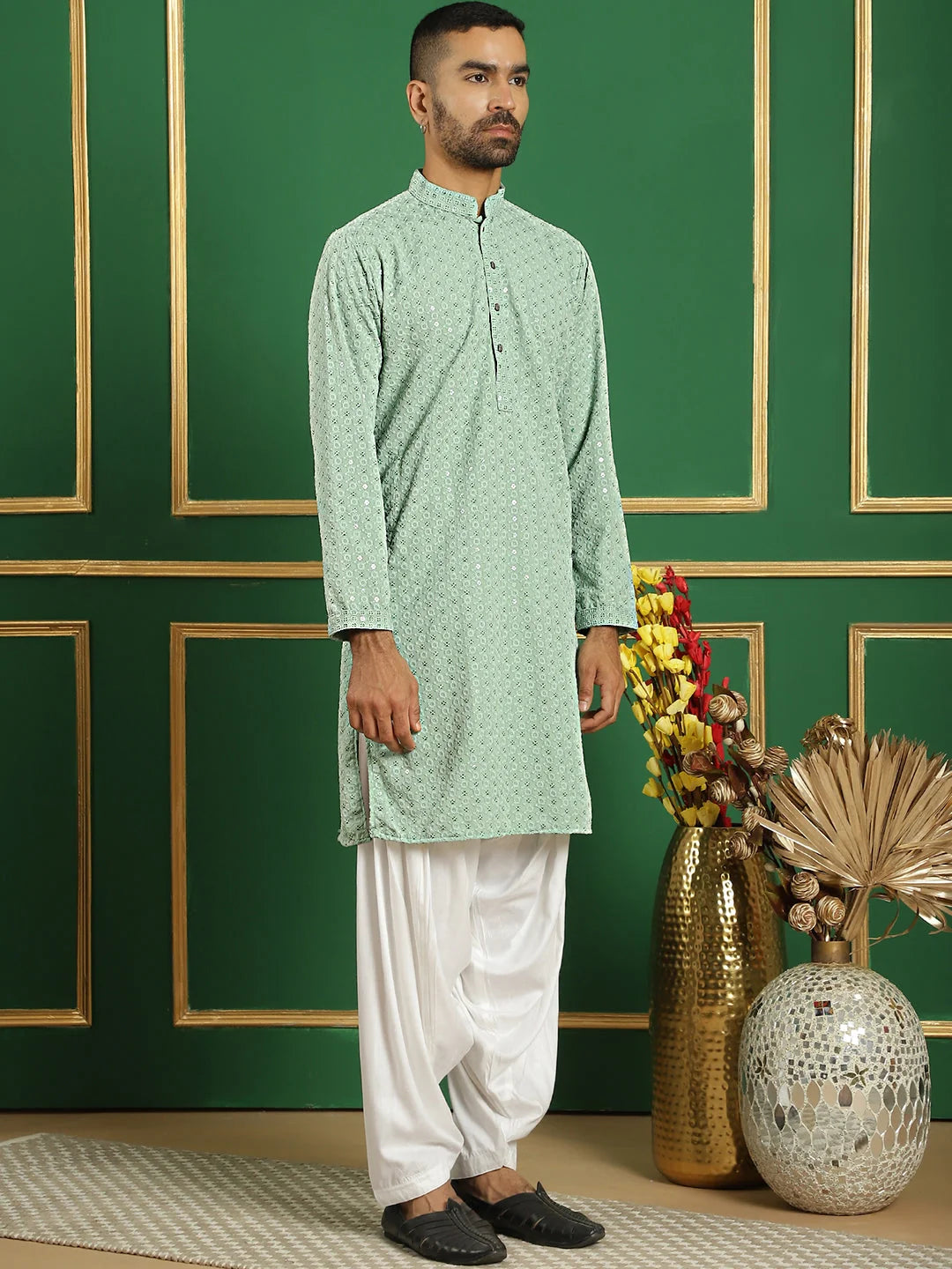 Pista Green Embroidered Mens Kurta Pajama Set | Cotton Kurta