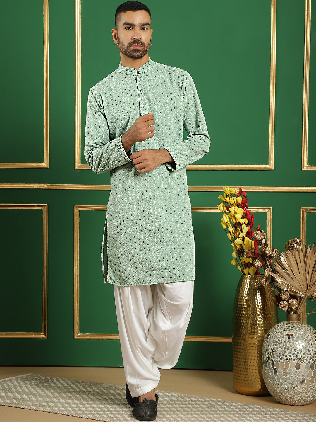Pista Green Embroidered Mens Kurta Pajama Set | Cotton Kurta