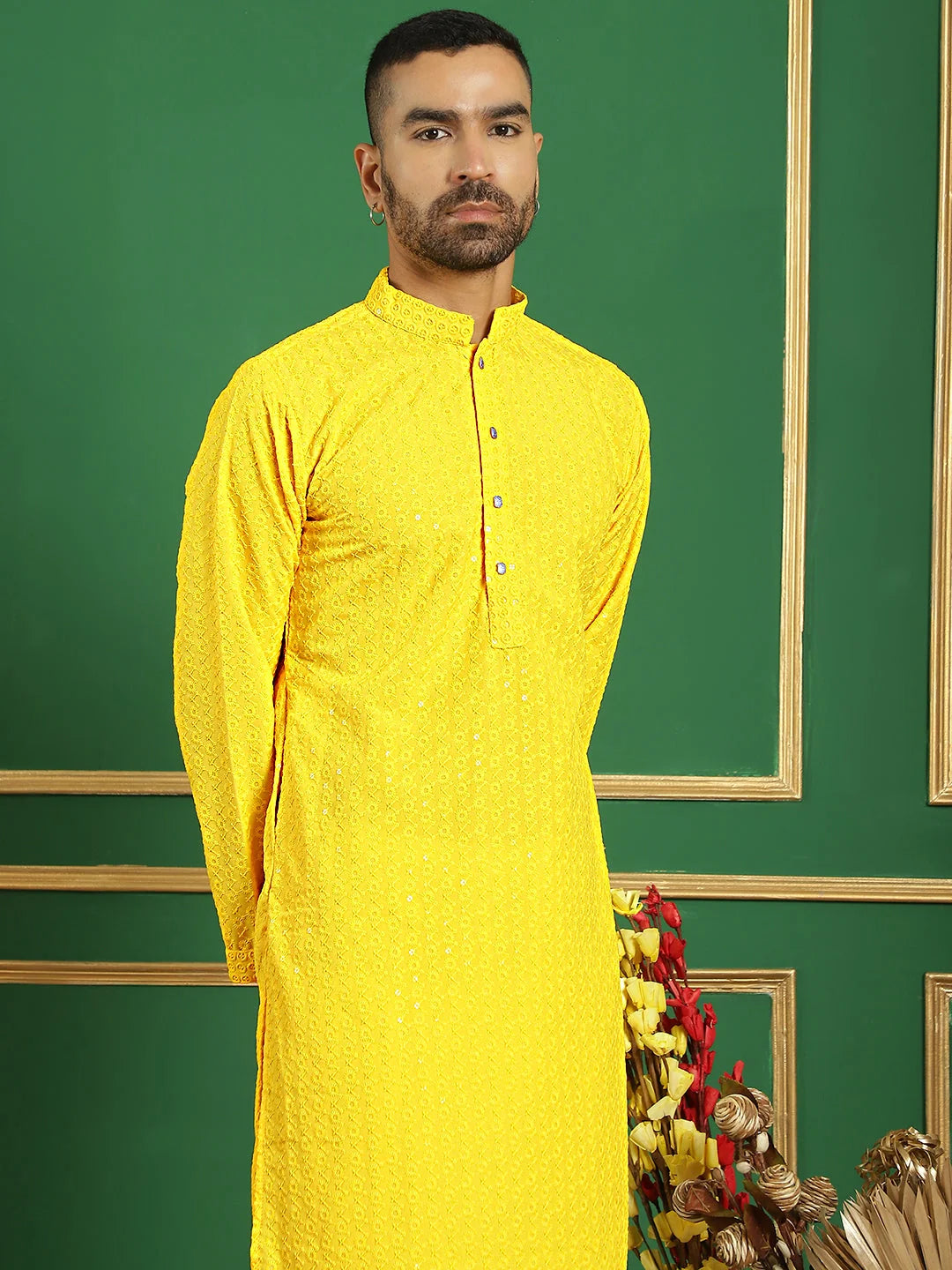 Men Yellow Embroidered and Sequence Kurta with Salwar-JOKP-S-P