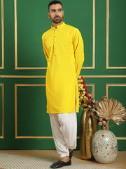 Men Yellow Embroidered and Sequence Kurta with Salwar-JOKP-S-P