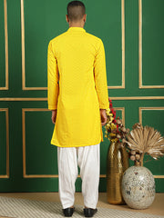 Men Yellow Embroidered and Sequence Kurta with Salwar-JOKP-S-P