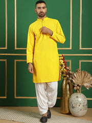 Men Yellow Embroidered and Sequence Kurta with Salwar-JOKP-S-P