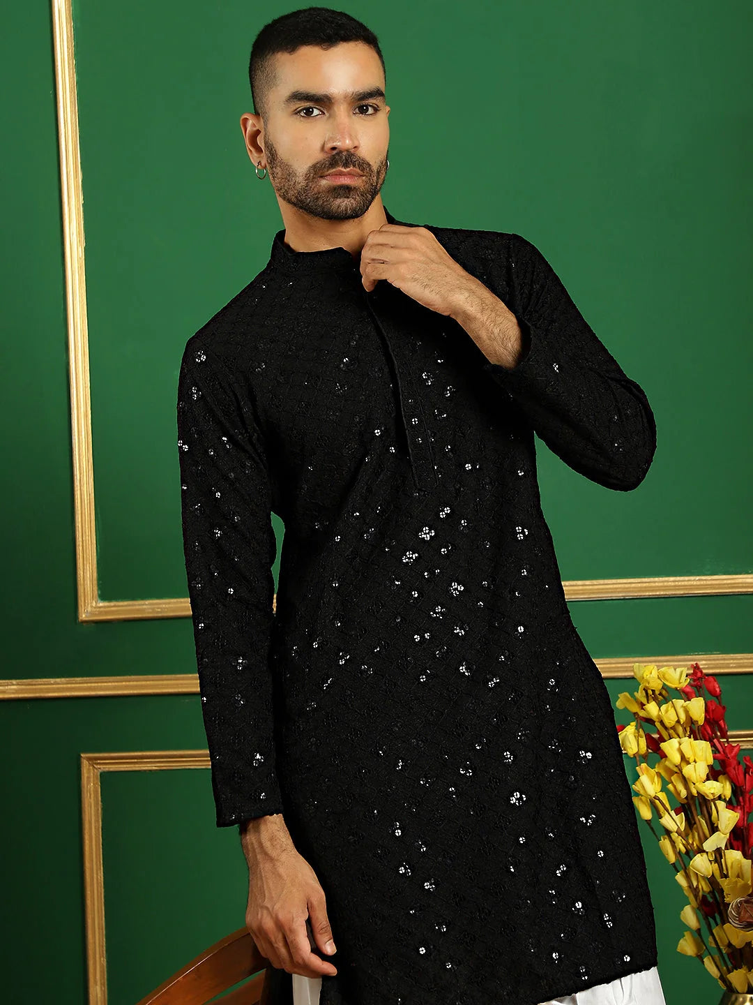 Black Embroidered Mens Kurta Pajama Set | Cotton Pathani Style