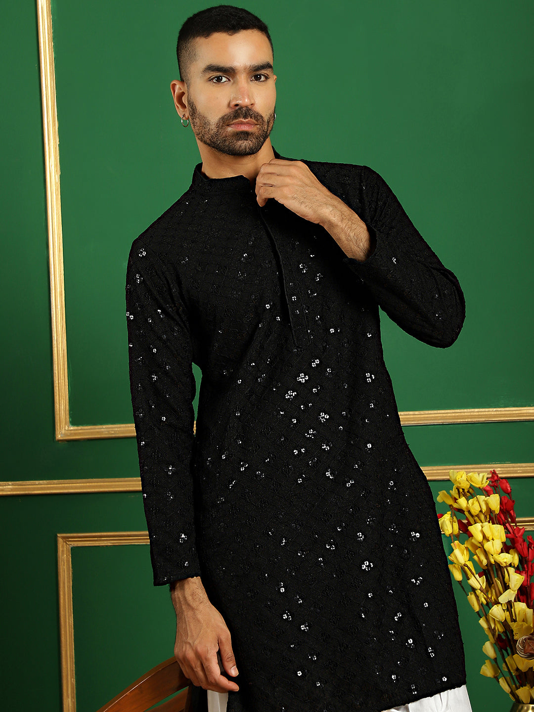 Black Embroidered Mens Kurta Pajama Set | Cotton Pathani Style