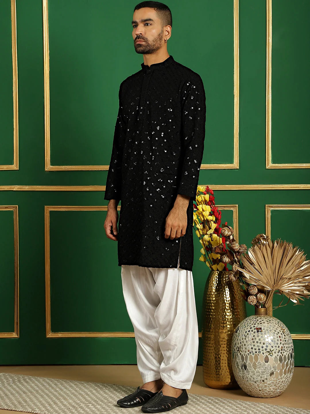 Black Embroidered Mens Kurta Pajama Set | Cotton Pathani Style