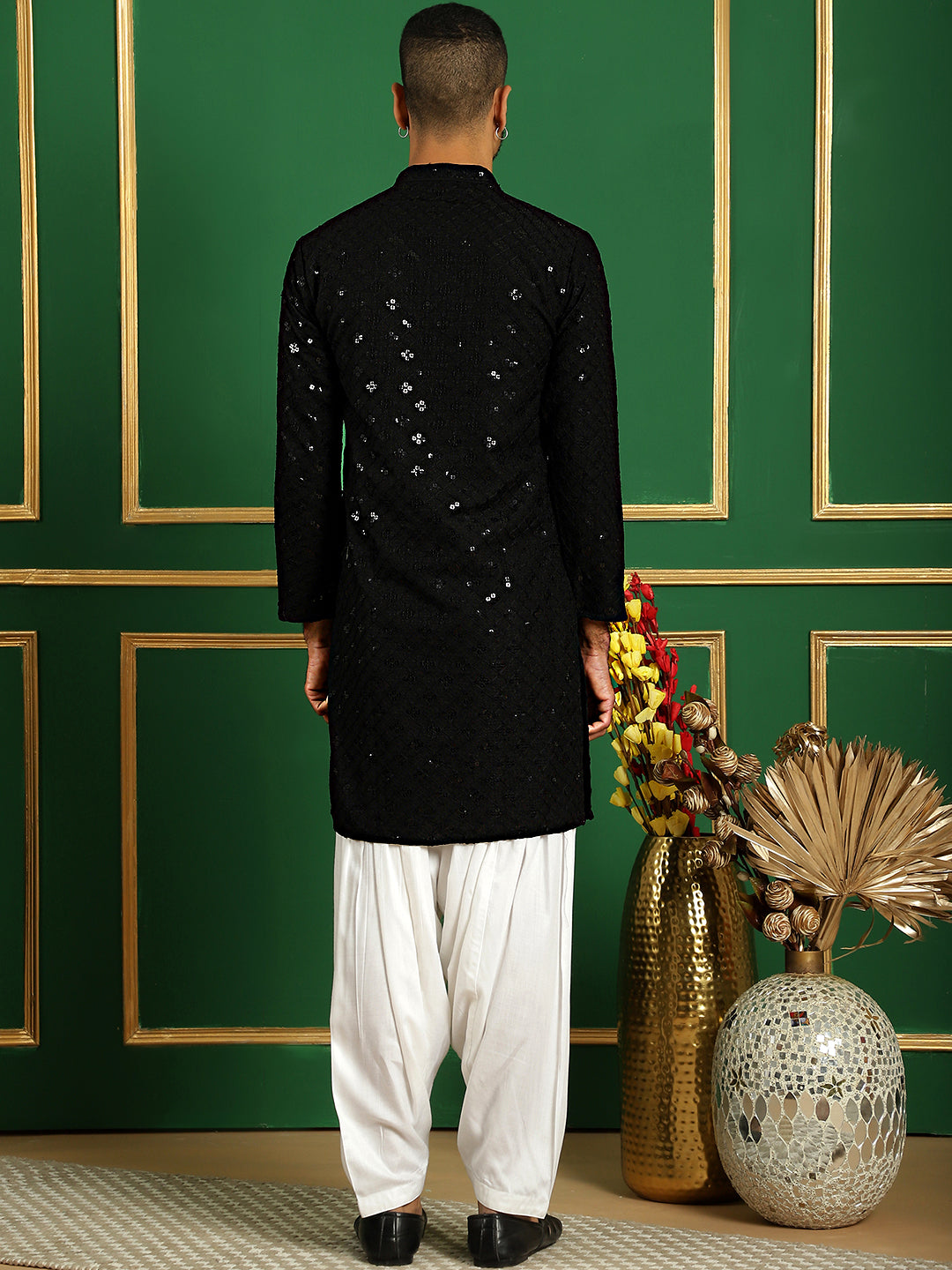 Black Embroidered Mens Kurta Pajama Set | Cotton Pathani Style