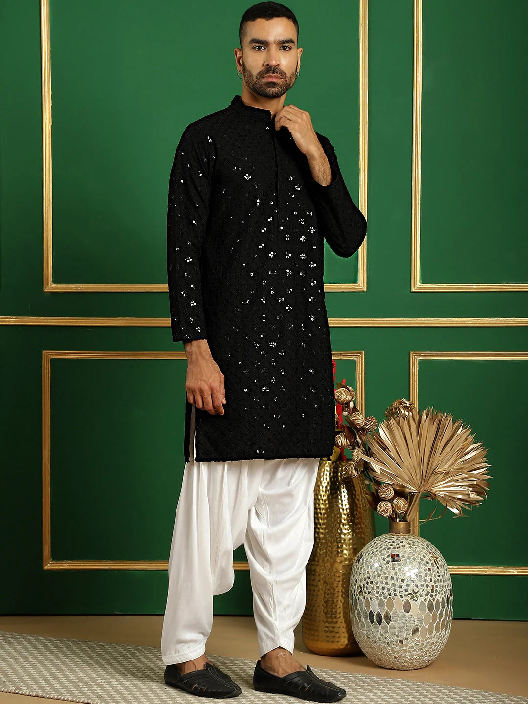 Black Embroidered Mens Kurta Pajama Set | Cotton Pathani Style