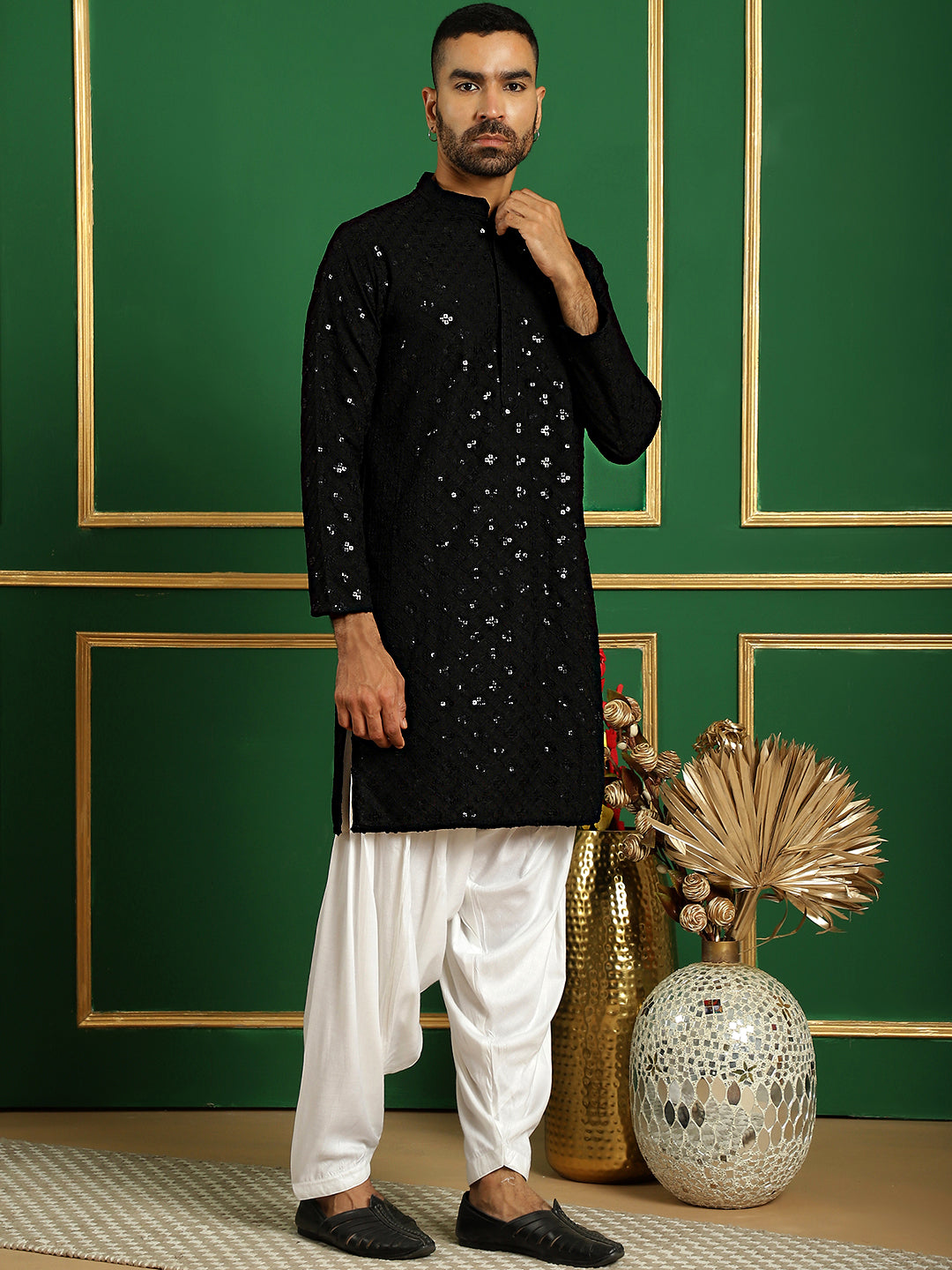 Black Embroidered Mens Kurta Pajama Set | Cotton Pathani Style