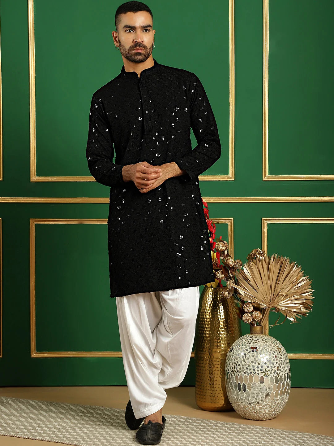 Black Embroidered Mens Kurta Pajama Set | Cotton Pathani Style