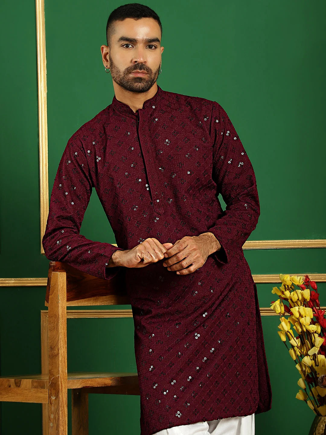 Purple Embroidered Mens Kurta Pajama Set | Cotton Pathani Style