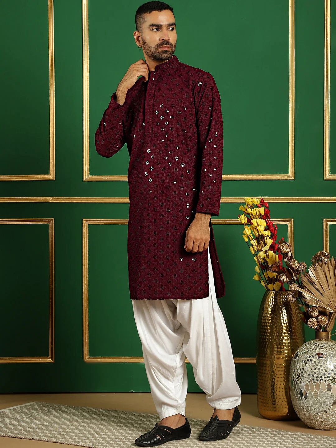 Purple Embroidered Mens Kurta Pajama Set | Cotton Pathani Style