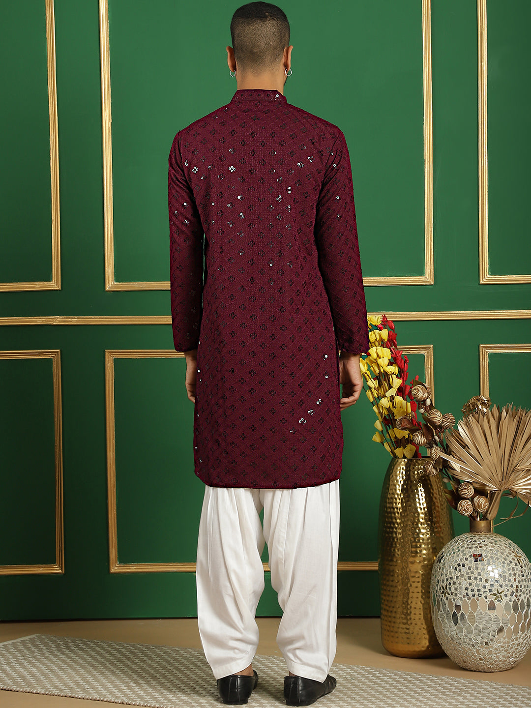 Purple Embroidered Mens Kurta Pajama Set | Cotton Pathani Style