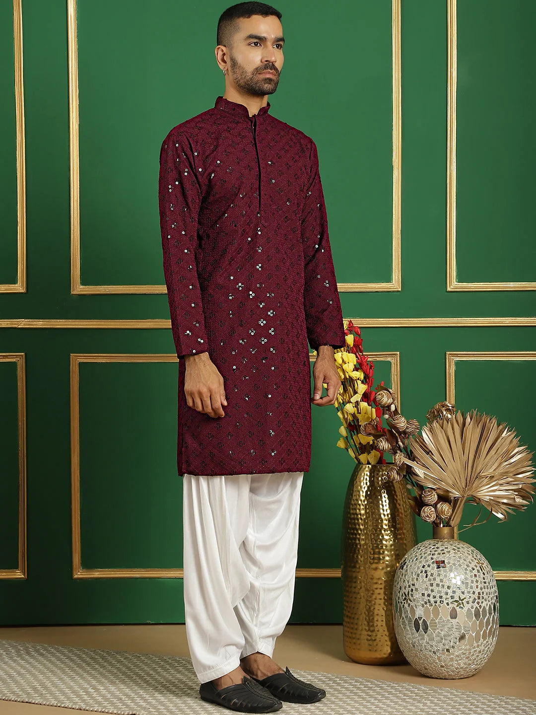 Purple Embroidered Mens Kurta Pajama Set | Cotton Pathani Style