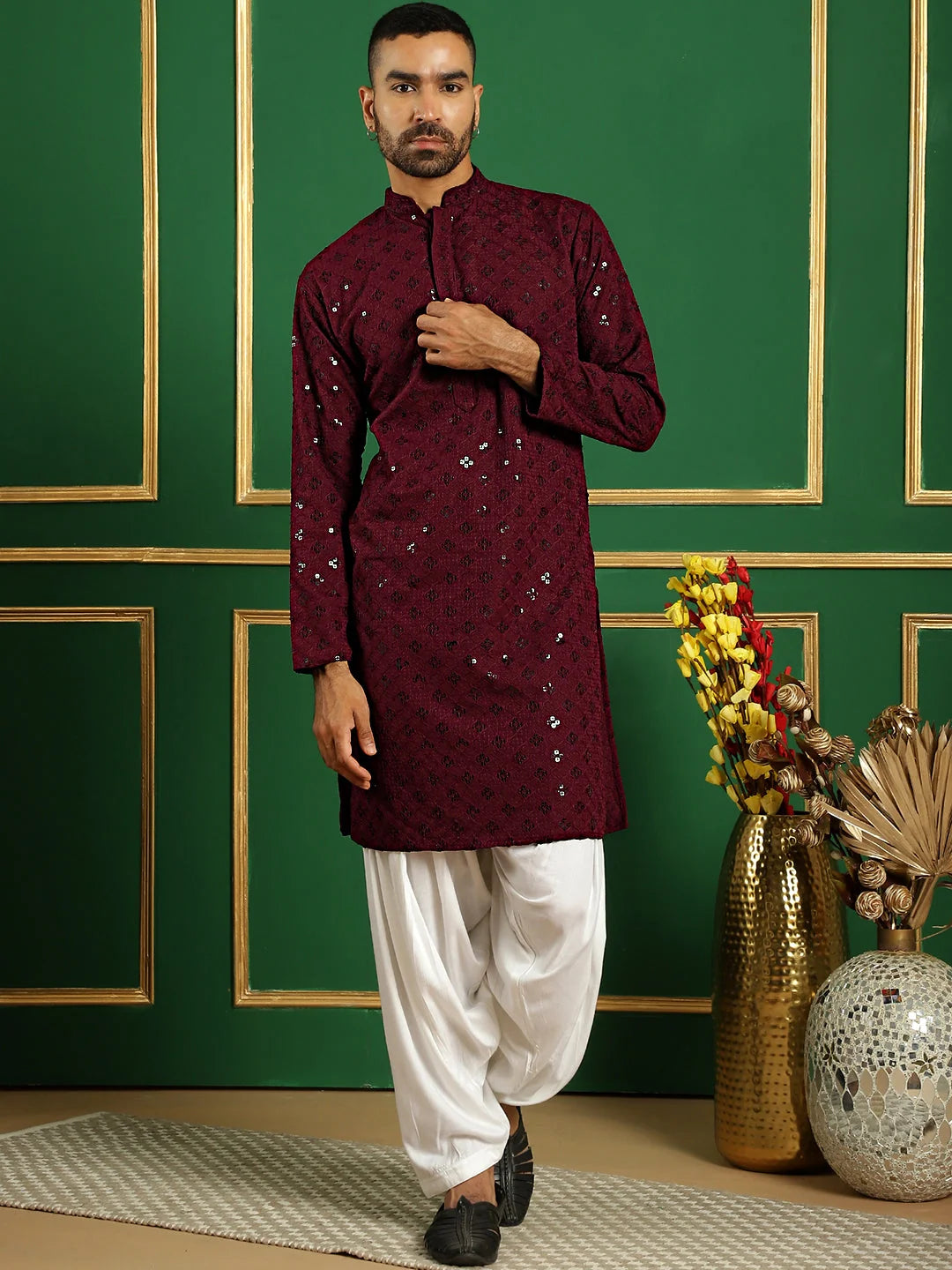 Purple Embroidered Mens Kurta Pajama Set | Cotton Pathani Style