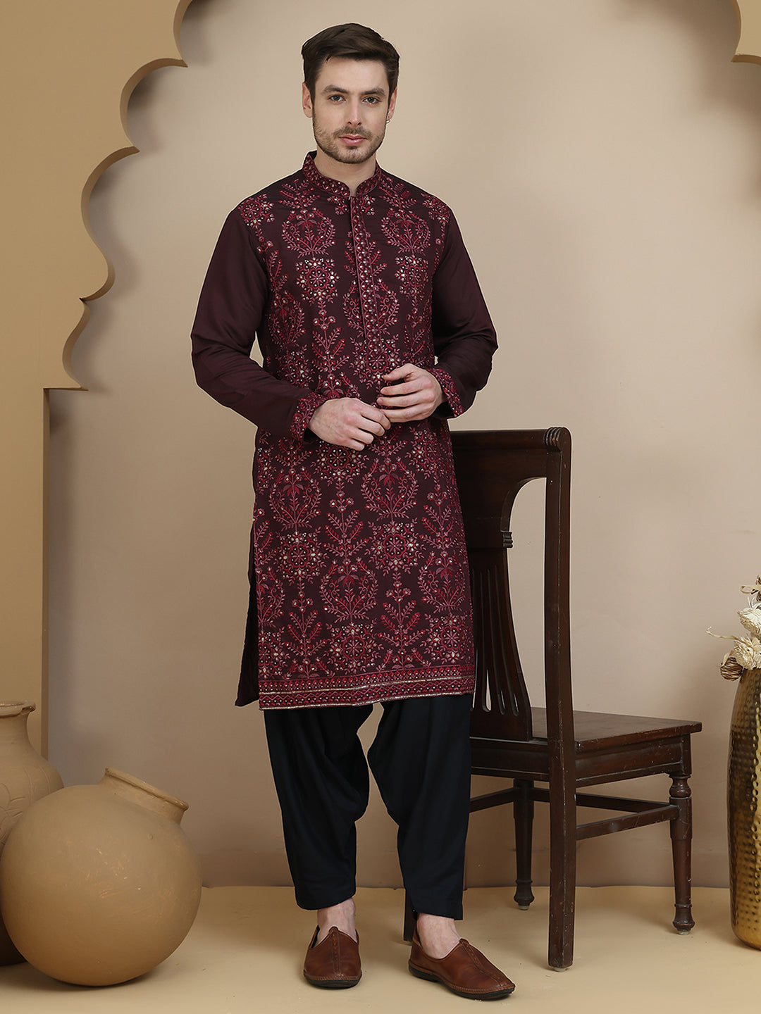 DesiQlo Men Embroidered Kurta Pyjama Set - Purple - JOKP_SP-B_5180Purp