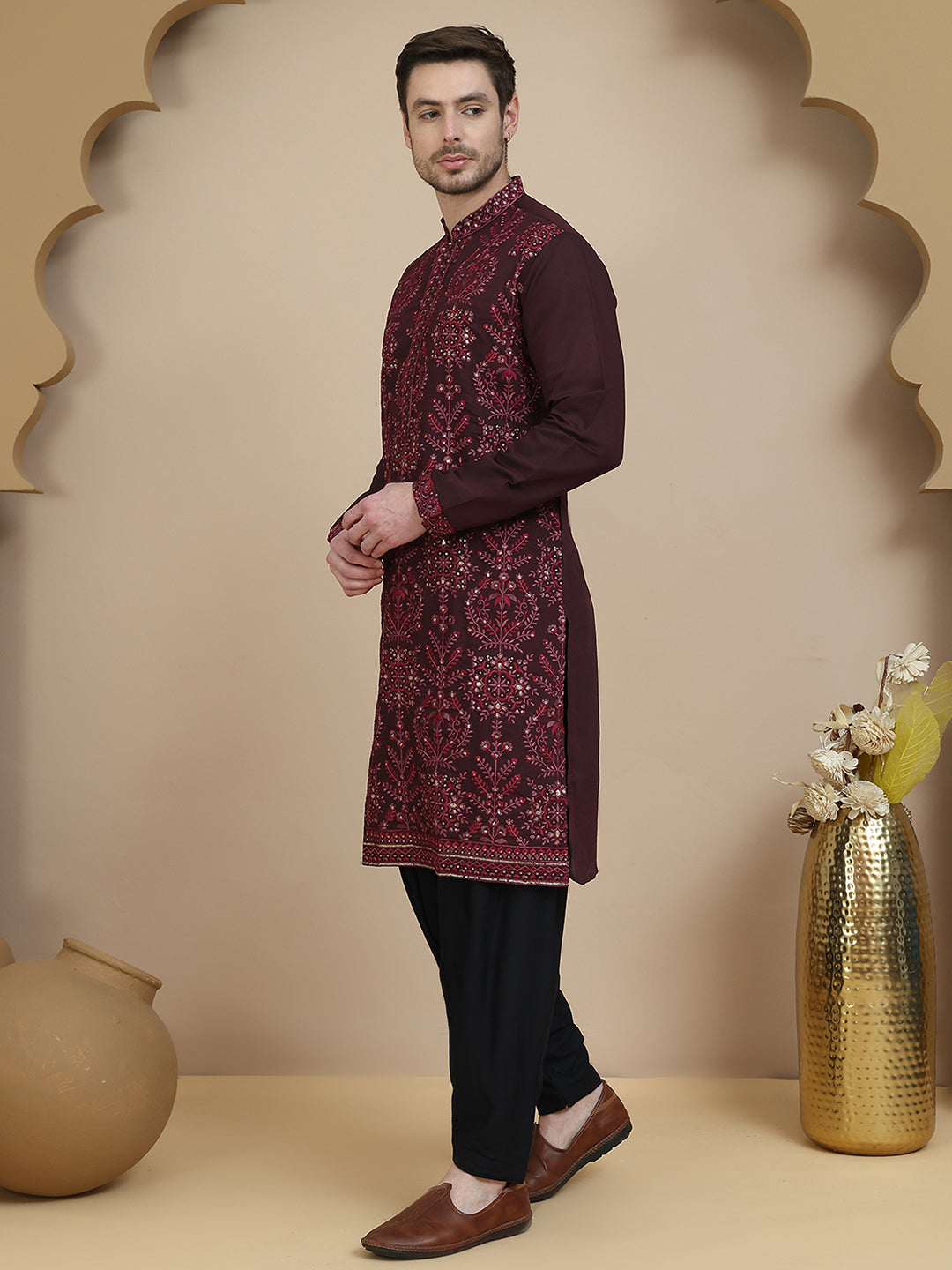 DesiQlo Men Embroidered Kurta Pyjama Set - Purple - JOKP_SP-B_5180Purp