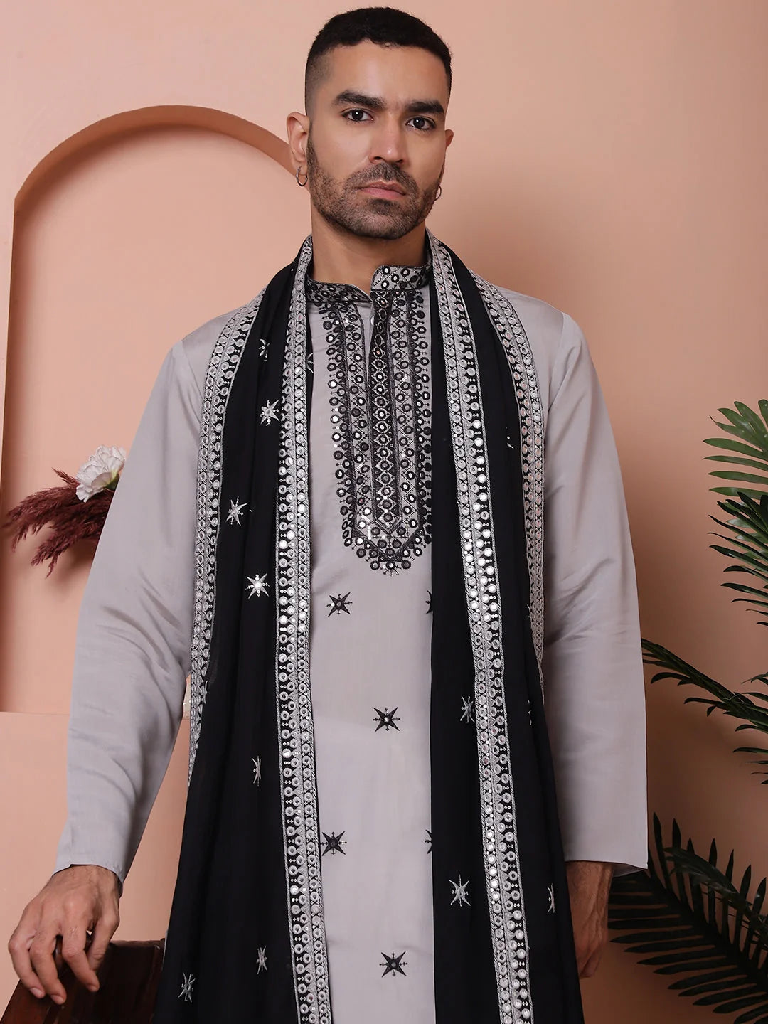 Grey Embroidered Mens Kurta Pajama Set - Silk Kurta Pajama