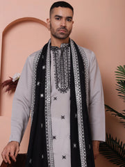 Embroidered Grey Silk Blend Kurta Salwar and Dupatta Set for Men-JOKP-SP-D