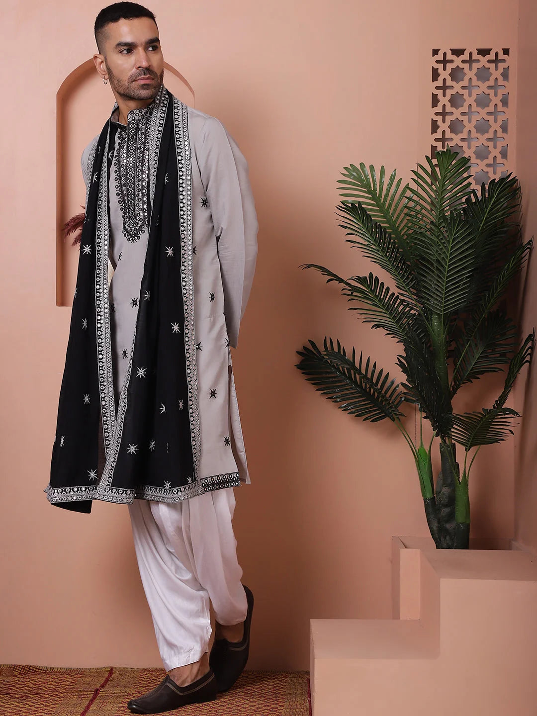 Grey Embroidered Mens Kurta Pajama Set - Silk Kurta Pajama