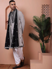 Embroidered Grey Silk Blend Kurta Salwar and Dupatta Set for Men-JOKP-SP-D