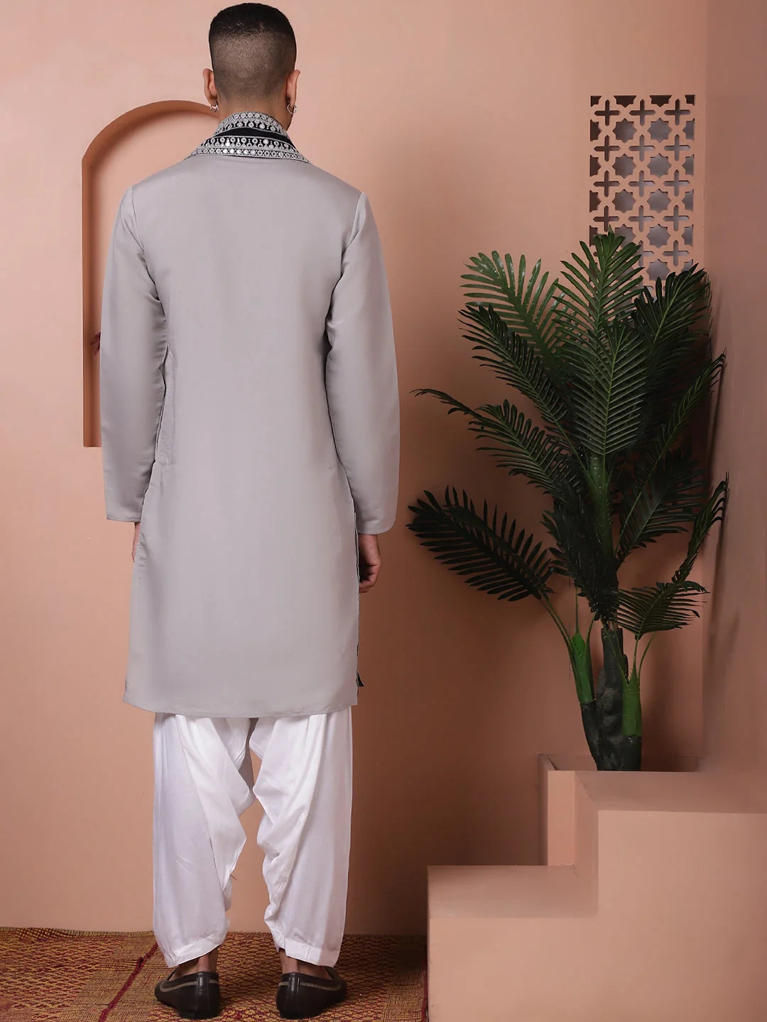 Grey Embroidered Mens Kurta Pajama Set - Silk Kurta Pajama