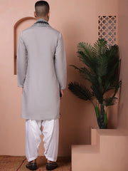Embroidered Grey Silk Blend Kurta Salwar and Dupatta Set for Men-JOKP-SP-D