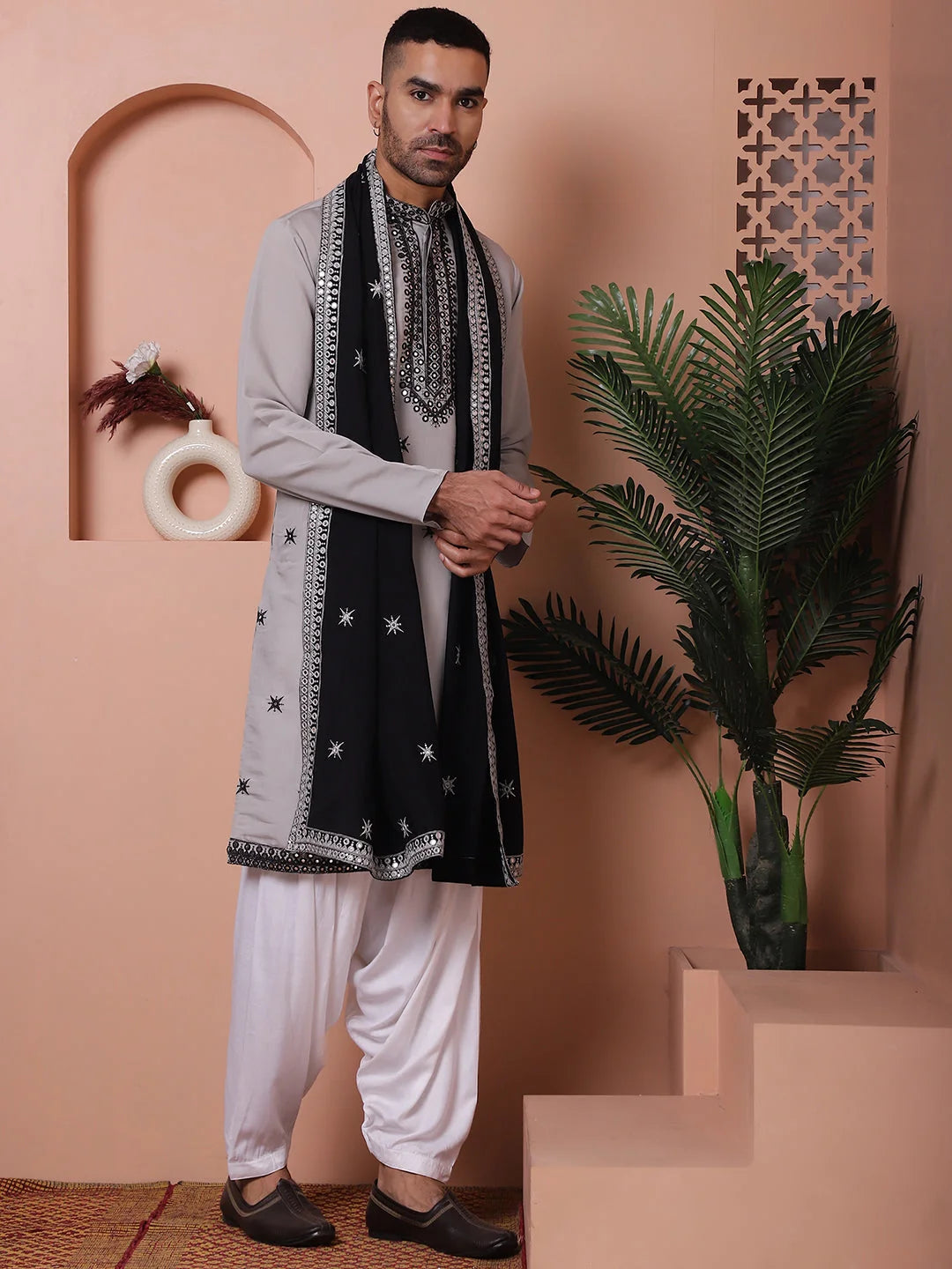 Grey Embroidered Mens Kurta Pajama Set - Silk Kurta Pajama