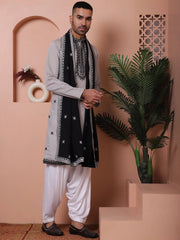 Embroidered Grey Silk Blend Kurta Salwar and Dupatta Set for Men-JOKP-SP-D