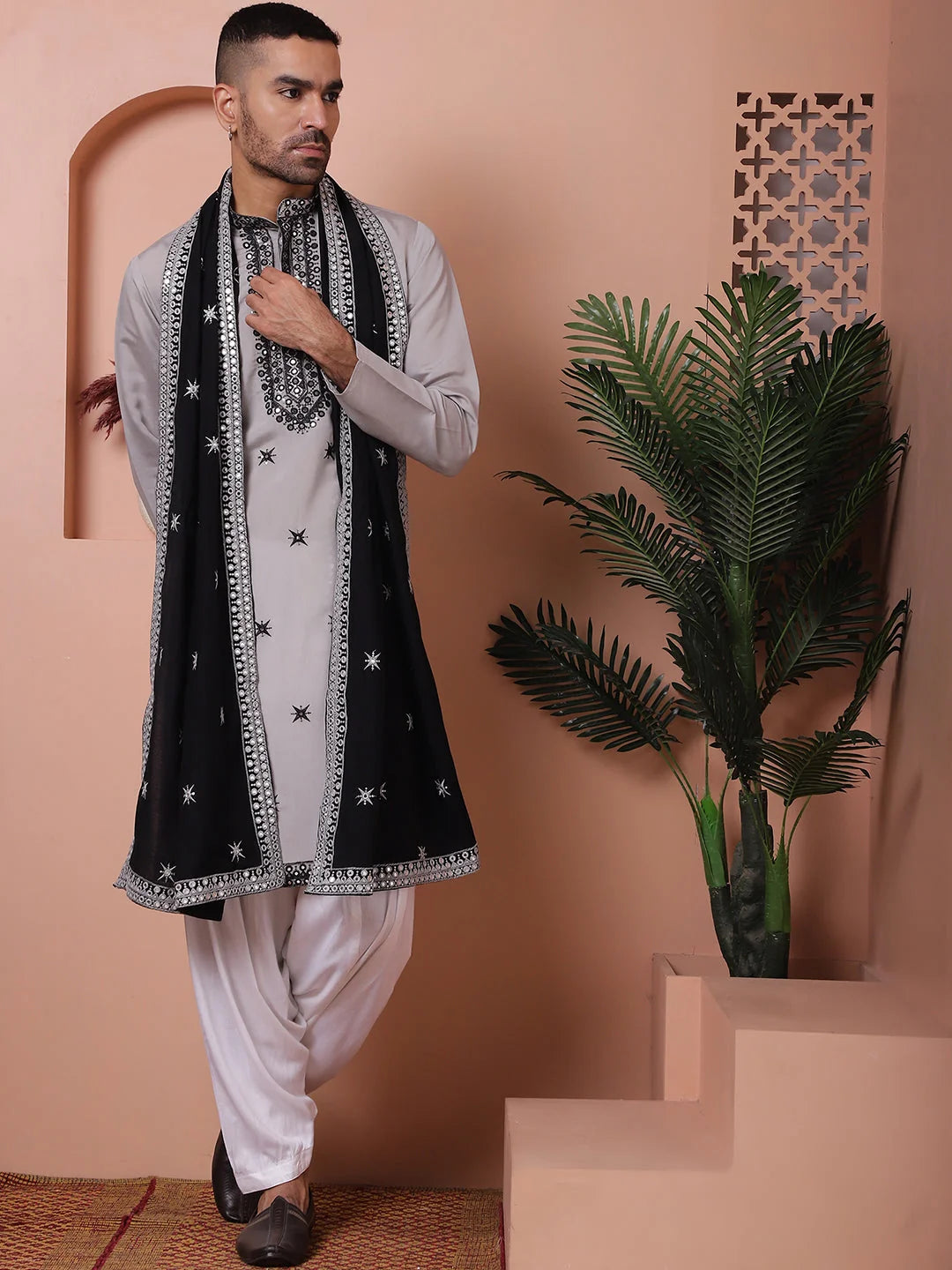 Grey Embroidered Mens Kurta Pajama Set - Silk Kurta Pajama