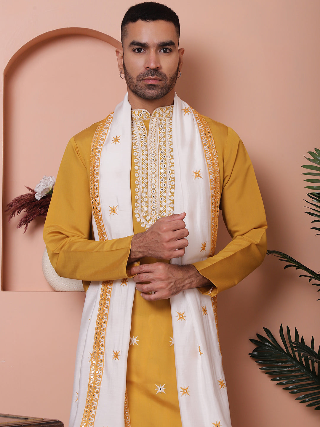 Mustard Embroidered Mens Kurta Pajama Set - Silk Kurta Pajama