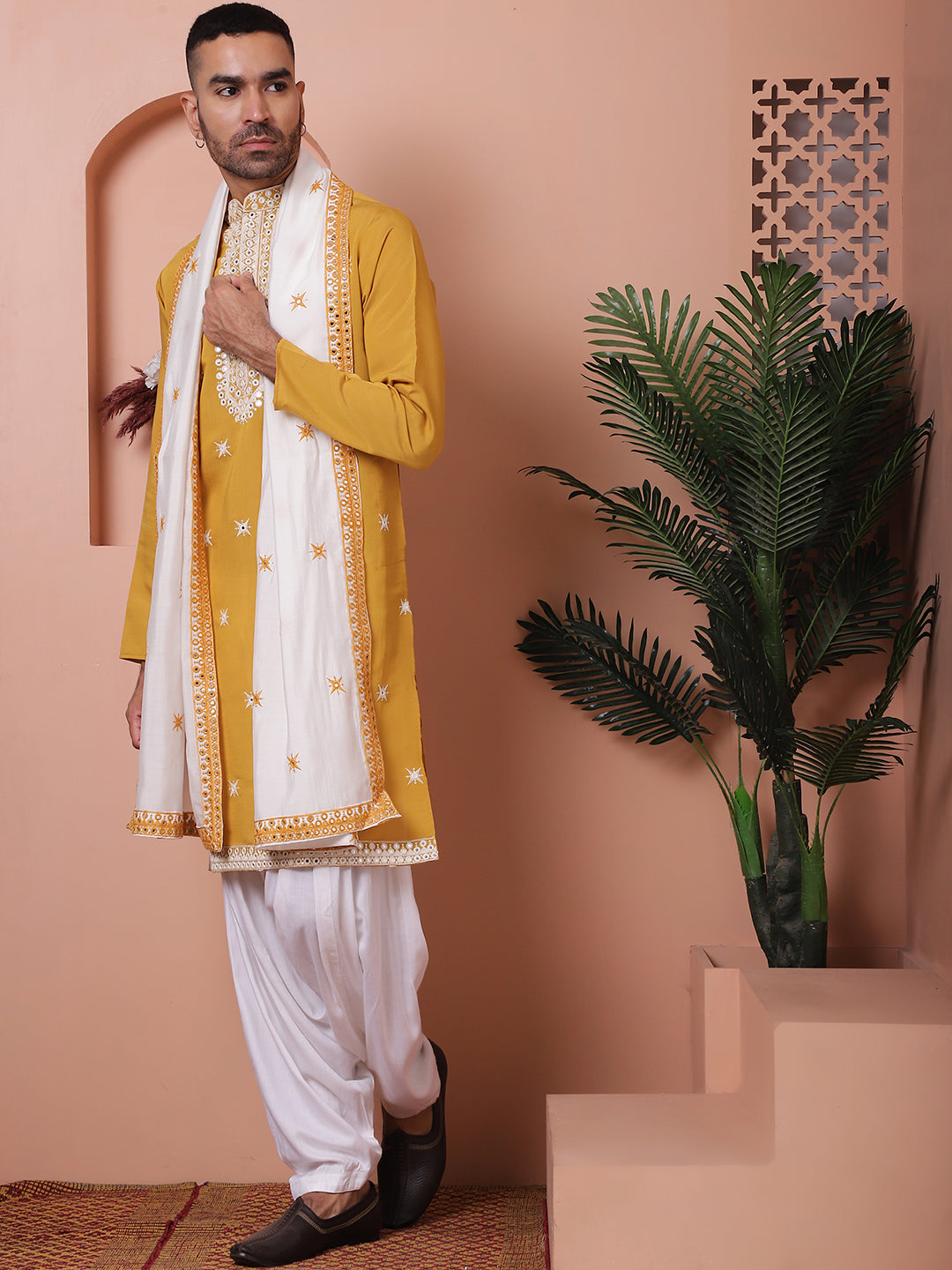 Mustard Embroidered Mens Kurta Pajama Set - Silk Kurta Pajama