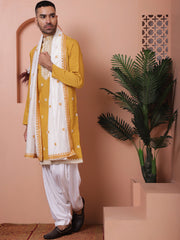 Embroidered Mustard Silk Blend Kurta Salwar and Dupatta Set for Men-JOKP-SP-D