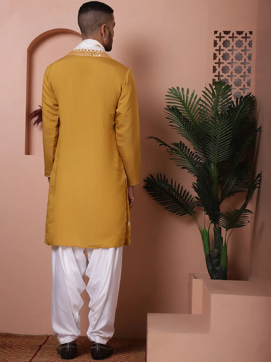 Mustard Embroidered Mens Kurta Pajama Set - Silk Kurta Pajama
