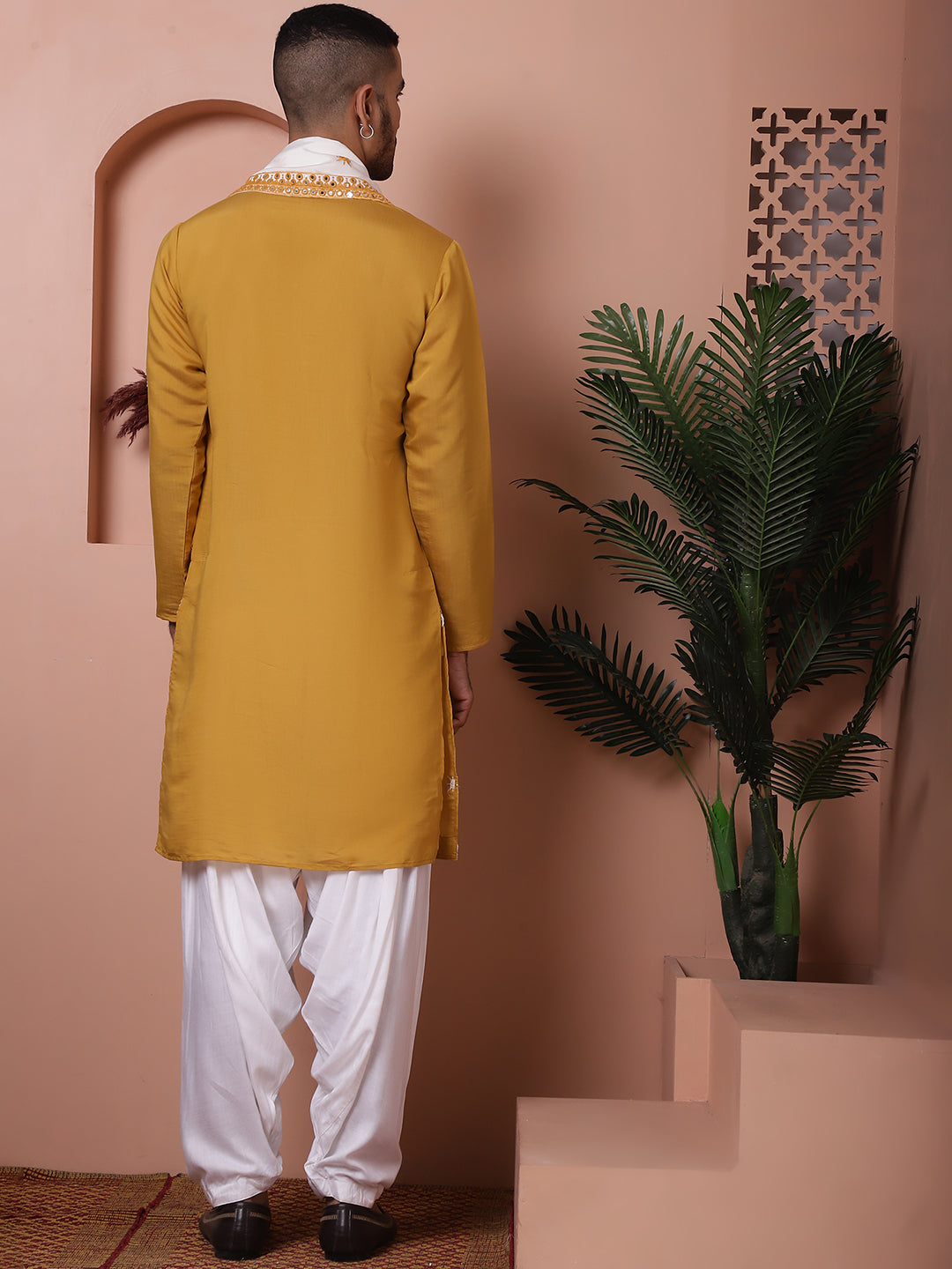Mustard Embroidered Mens Kurta Pajama Set - Silk Kurta Pajama