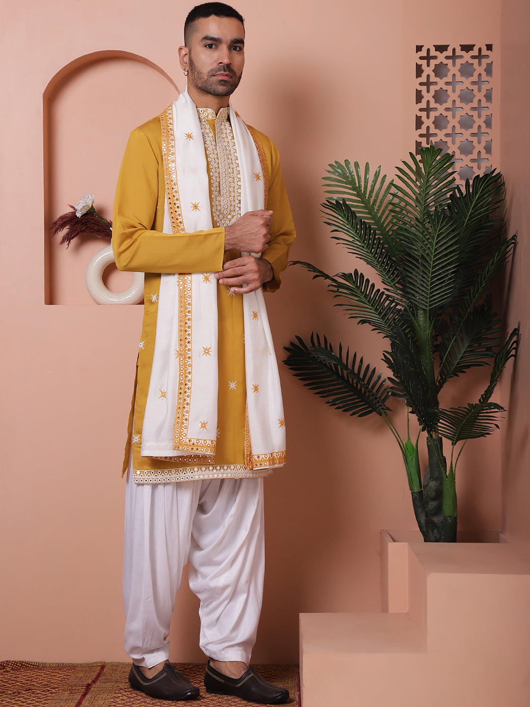 Mustard Embroidered Mens Kurta Pajama Set - Silk Kurta Pajama