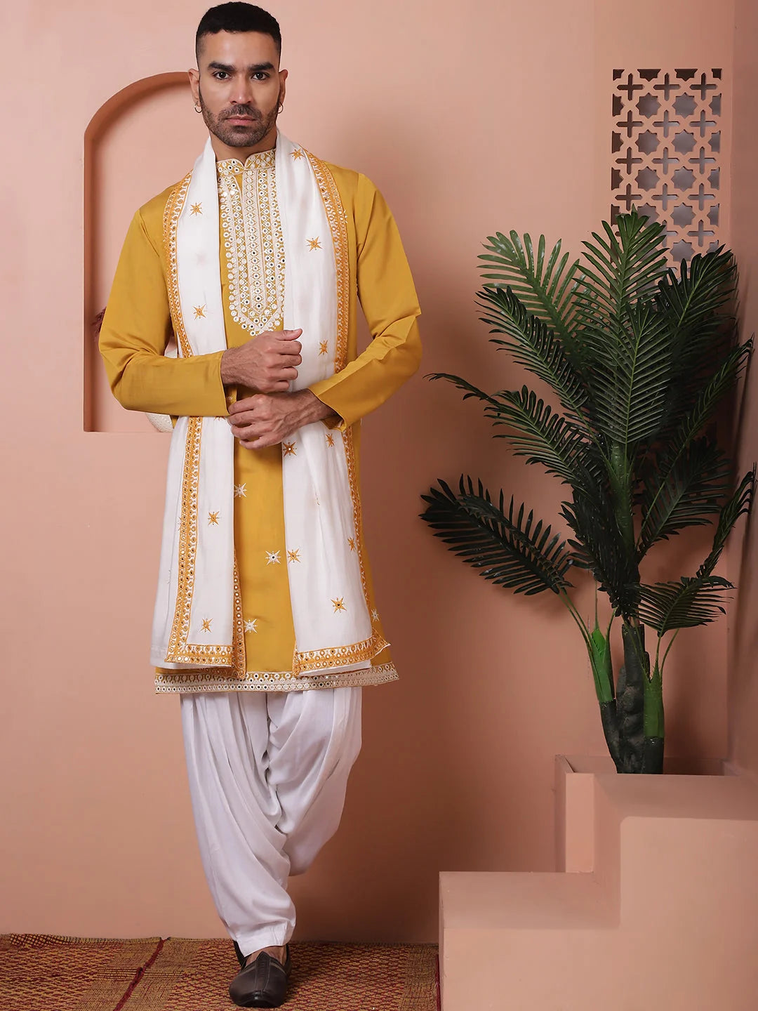 Mustard Embroidered Mens Kurta Pajama Set - Silk Kurta Pajama
