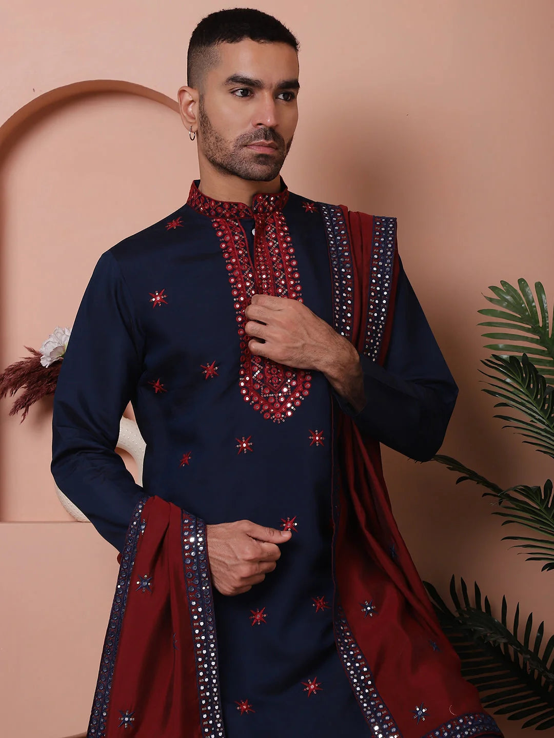 Navy Blue Embroidered Mens Kurta Pajama Set - Silk Kurta Pajama