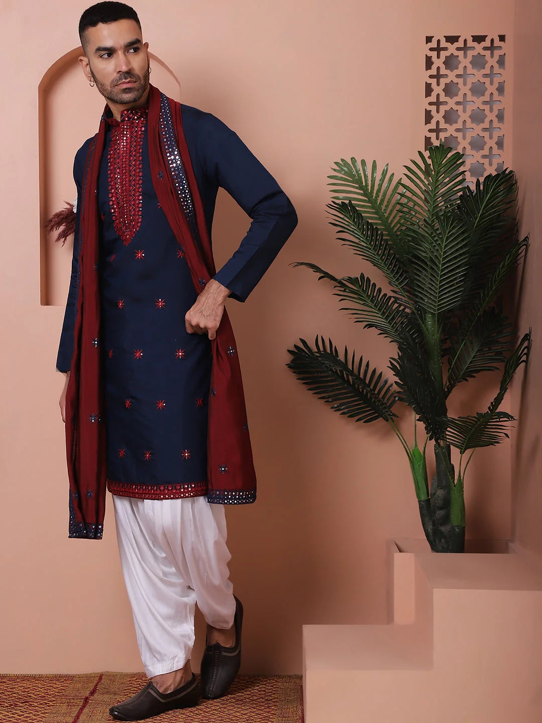 Navy Blue Embroidered Mens Kurta Pajama Set - Silk Kurta Pajama