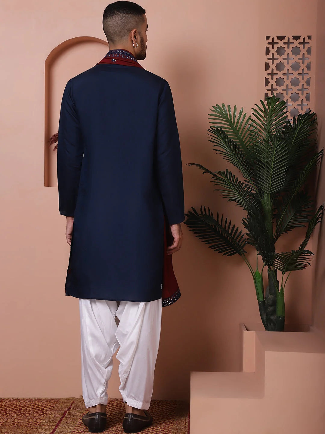 Navy Blue Embroidered Mens Kurta Pajama Set - Silk Kurta Pajama