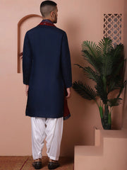 Embroidered Navy Blue Silk Blend Kurta Salwar and Dupatta Set for Men-JOKP-SP-D