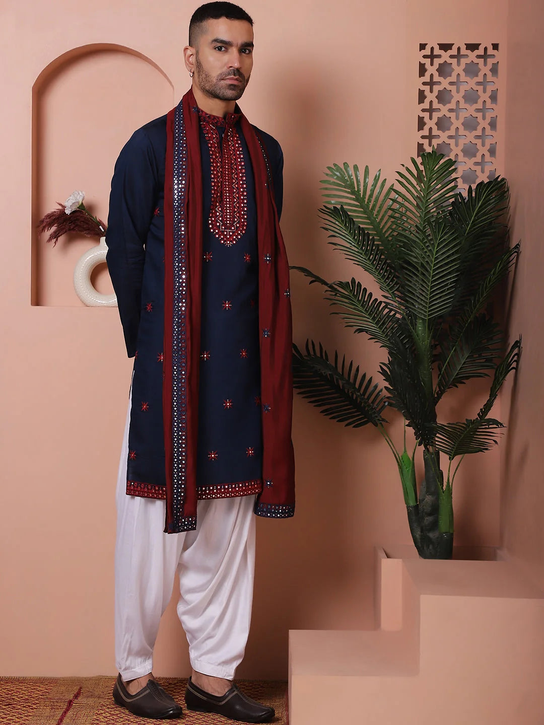 Navy Blue Embroidered Mens Kurta Pajama Set - Silk Kurta Pajama