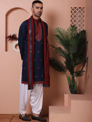 Embroidered Navy Blue Silk Blend Kurta Salwar and Dupatta Set for Men-JOKP-SP-D