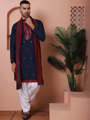 Embroidered Navy Blue Silk Blend Kurta Salwar and Dupatta Set for Men-JOKP-SP-D