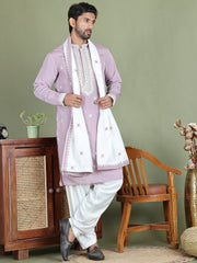 Embroidered Blue Silk Blend Kurta Salwar and Dupatta Set for Men ( JOKP SP-D 5077Purple )